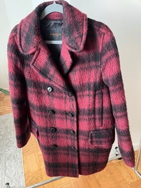 Coach Burgundy/Black Plaid Coat, Double-Breasted Wool Alpaca Blend - Size M